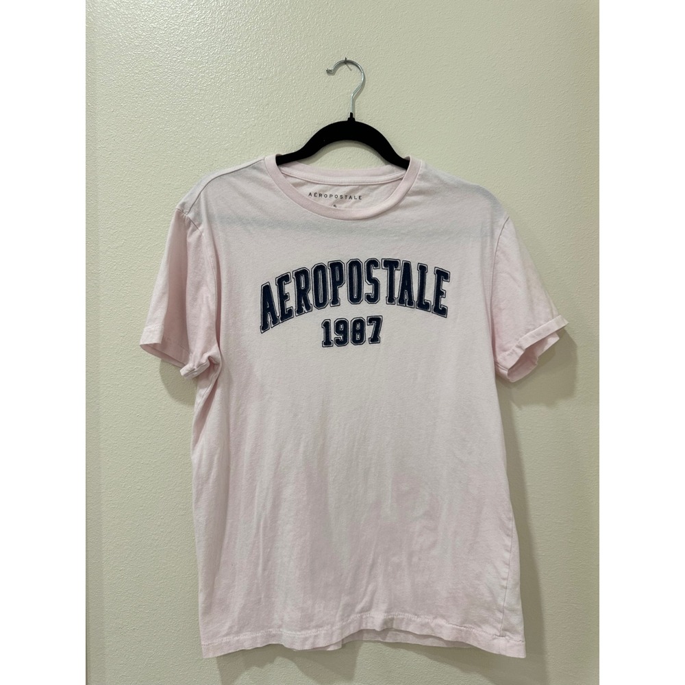 Aeropostale Womens Graphic Tee Light Pink Navy Blue Logo 1987 Short Sleeve S